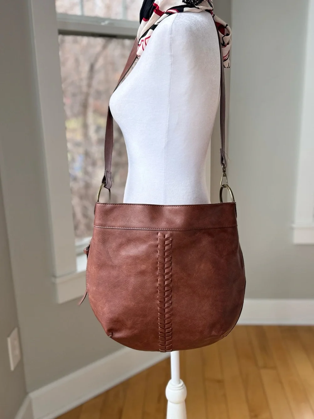 Vintage Cognac Brown Braided Vegan Leather Brass Rings Satchel Hobo Bag Purse